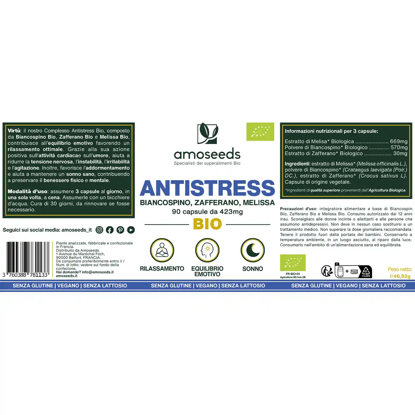 Complesso Antistress Bio, Biancospino, Zafferano, Melissa | 90 capsule