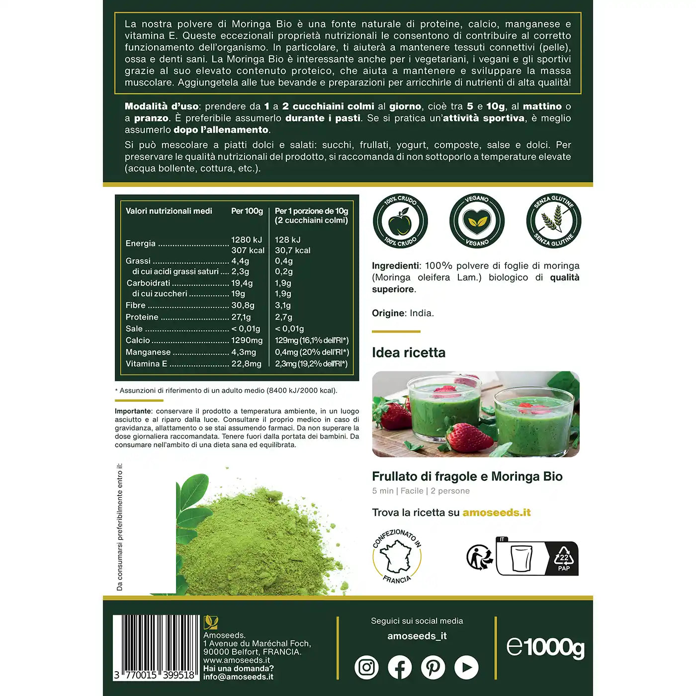 Polvere di foglie di Moringa Bio amoseeds specialisti dei superalimenti Bio