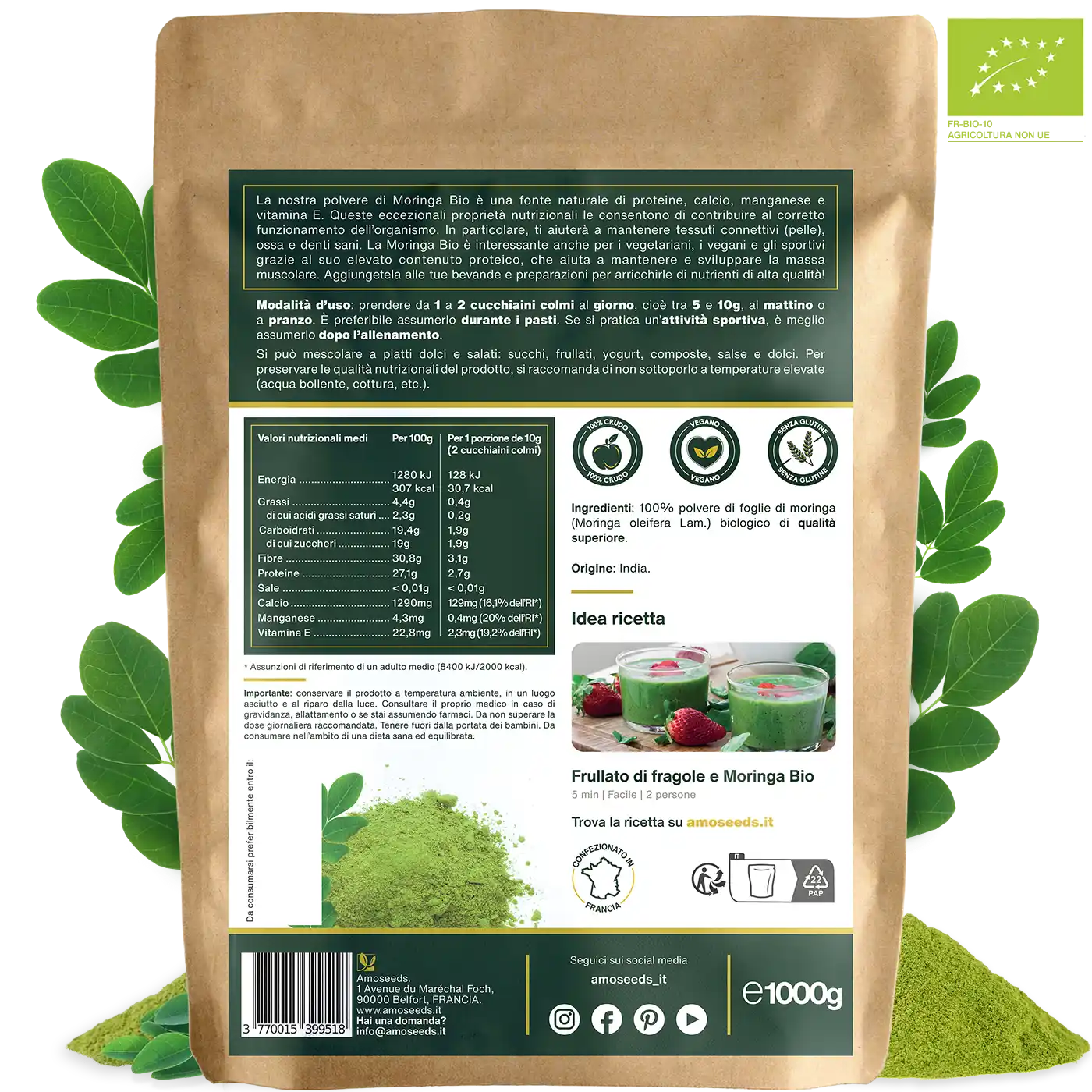 Polvere di foglie di Moringa Bio amoseeds specialisti dei superalimenti Bio