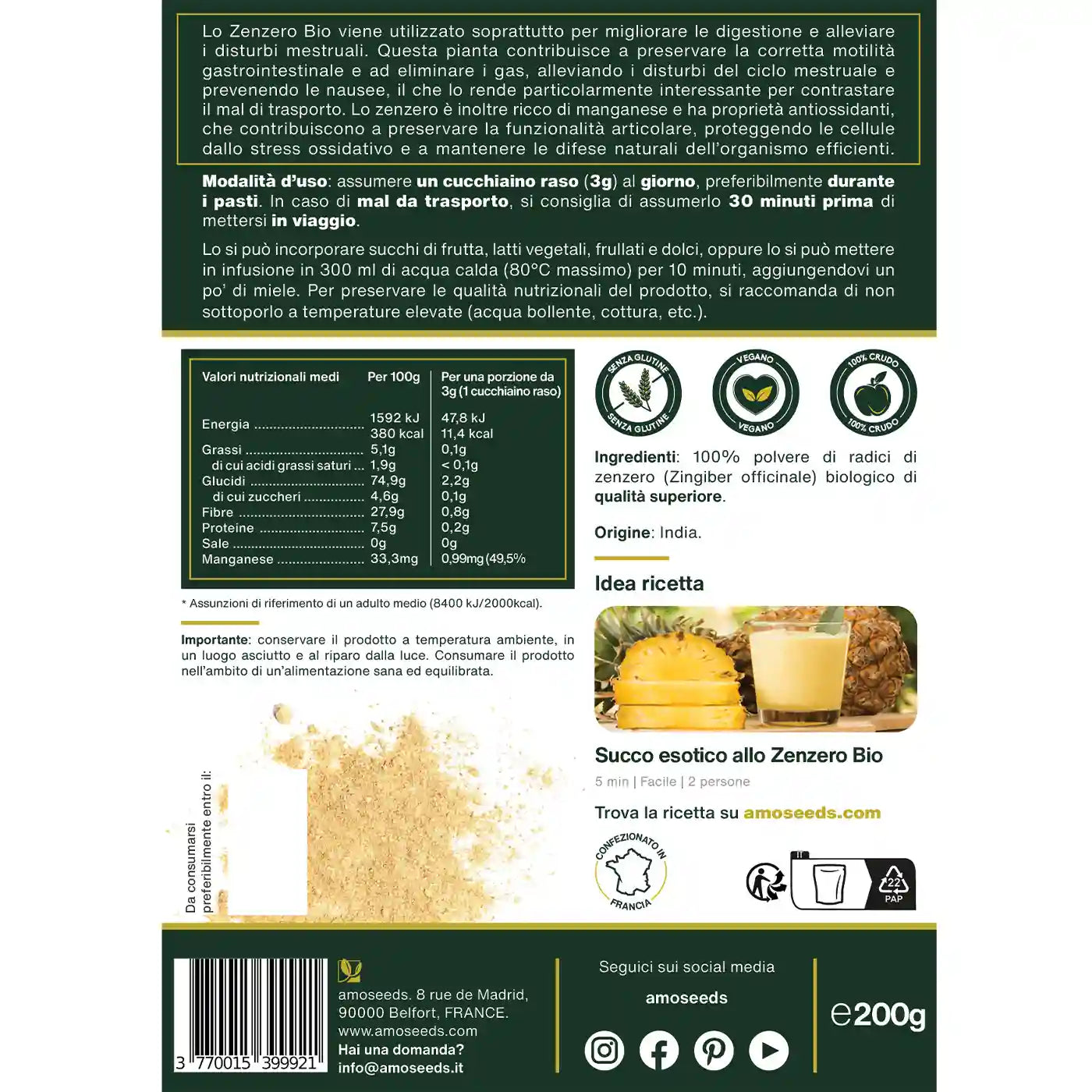 Zenzero in polvere Bio amoseeds specialisti dei superalimenti Bio,